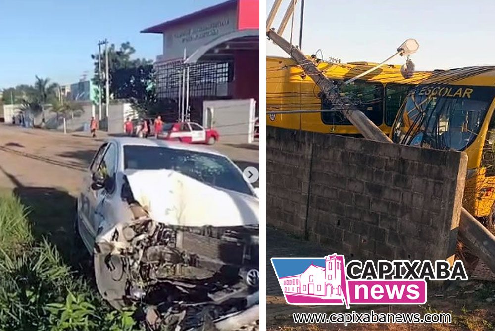 Carro bate em poste e atinge ônibus escolares em Anchieta Carro bate em poste e atinge ônibus escolares em Anchieta