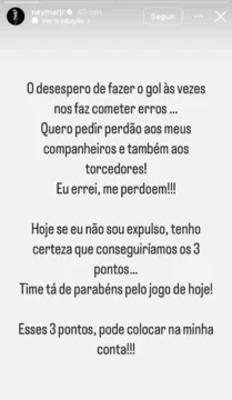 Neymar assume culpa pela derrota do Santos e pede perdão a torcedores e companheiros Neymar assume erro em derrota do Santos: “Pode colocar na minha conta!”
01/06/2025 às 19:37
•
Atualizado: às 21:10