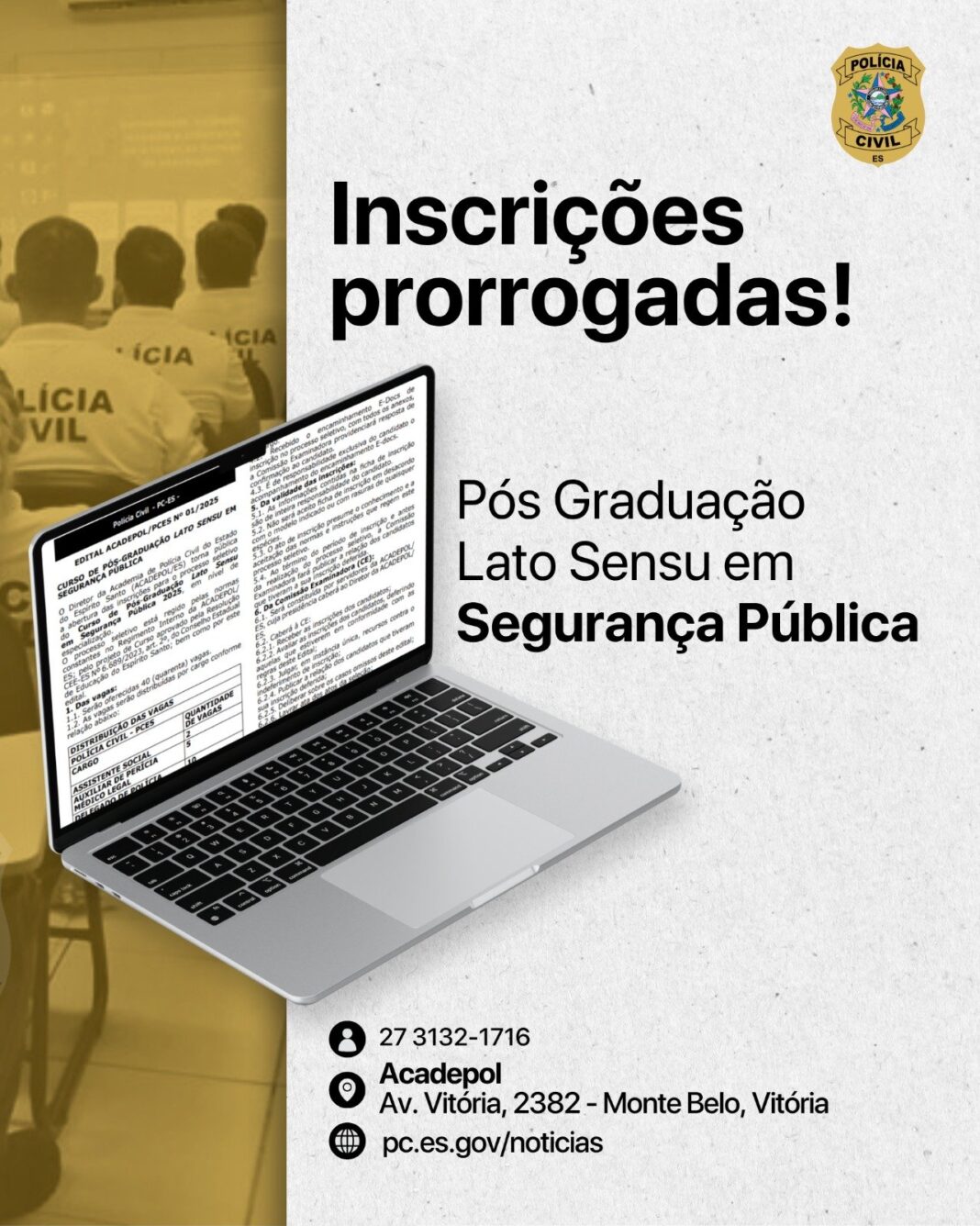 <p><strong>Prorrogadas inscrições para pós-graduação em Segurança Pública da Acadepol</strong></p> <p><strong>Prorrogadas inscrições para pós-graduação em Segurança Pública da Acadepol</strong></p>