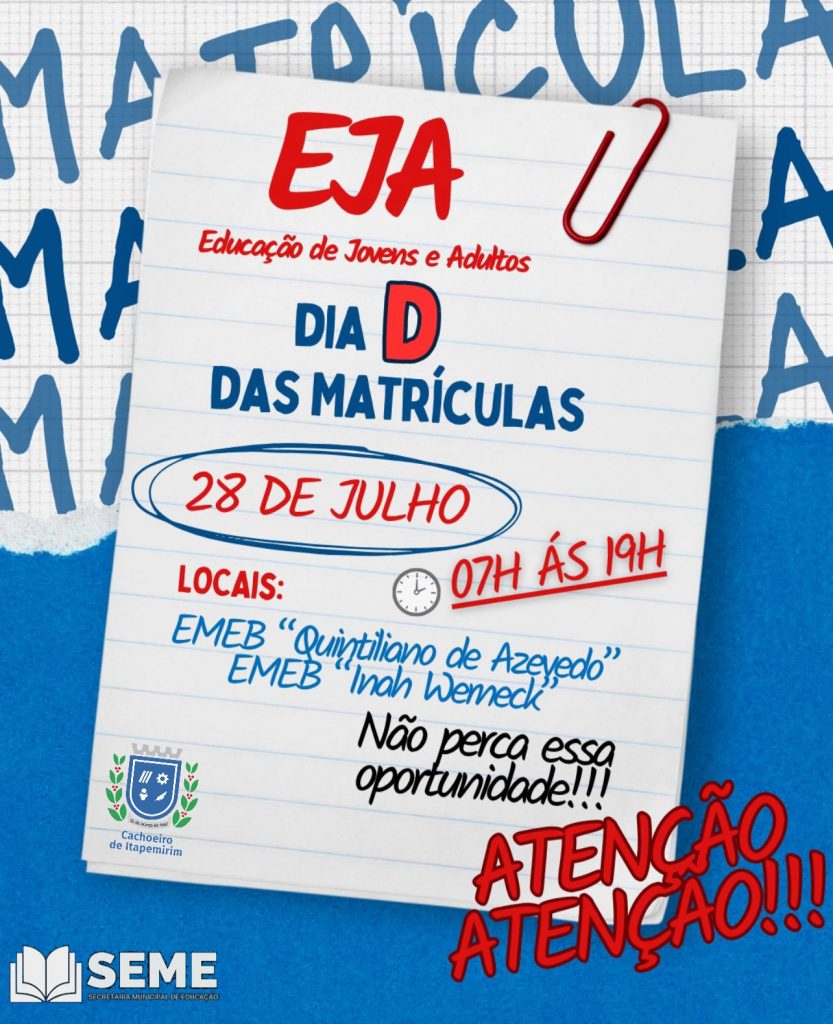Cachoeiro promove Dia D de matrículas para Educação de Jovens e Adultos em julho Prefeitura realiza Dia D de matrículas para EJA em Cachoeiro: oportunidade para jovens, adultos e idosos retomarem os estudos - Prefeitura de Cachoeiro de Itapemirim