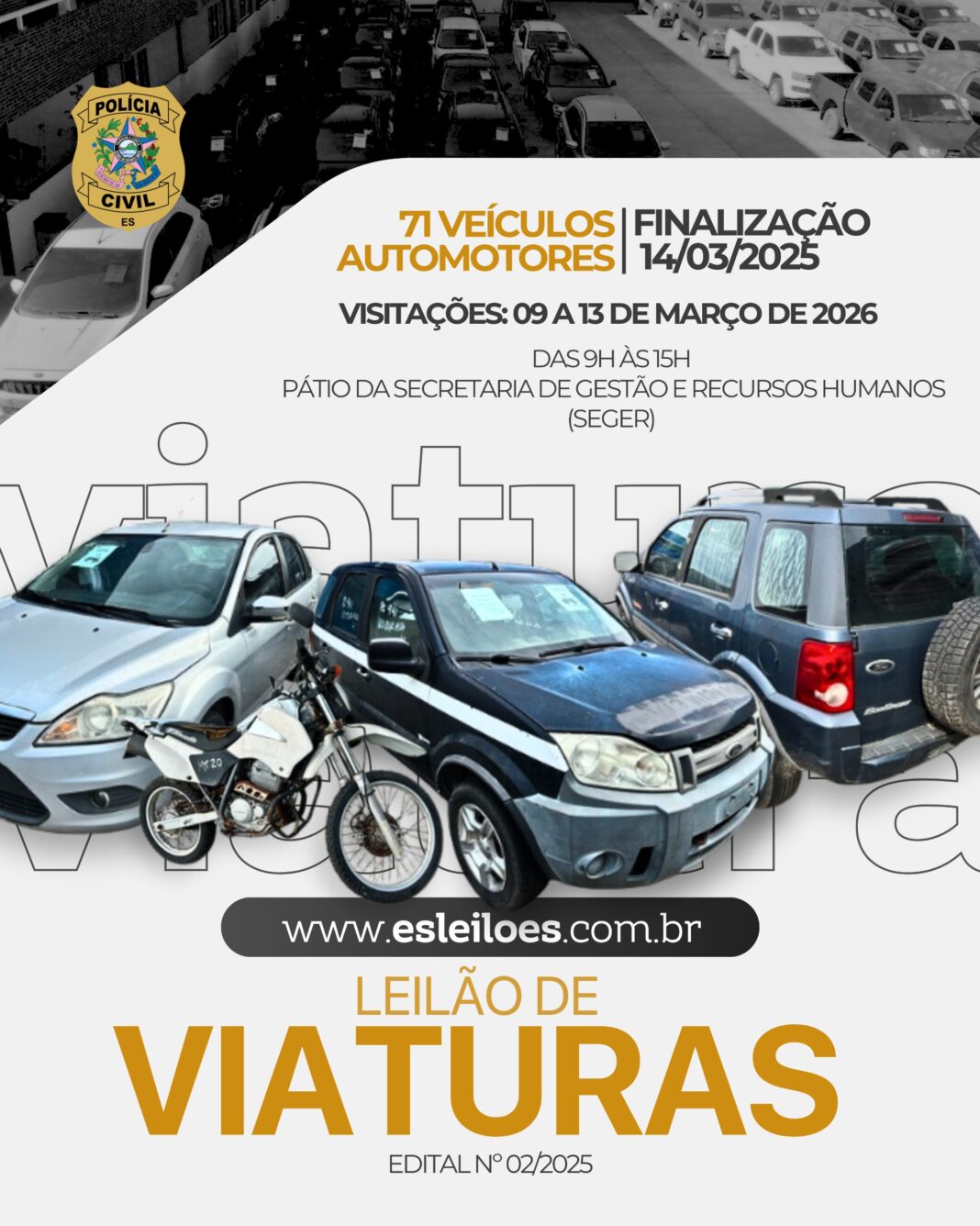 <p><strong>Polícia Civil do ES lança Edital para 1º Leilão de Viaturas de 2026</strong></p> <p><strong>Polícia Civil do ES lança Edital para 1º Leilão de Viaturas de 2026</strong></p>