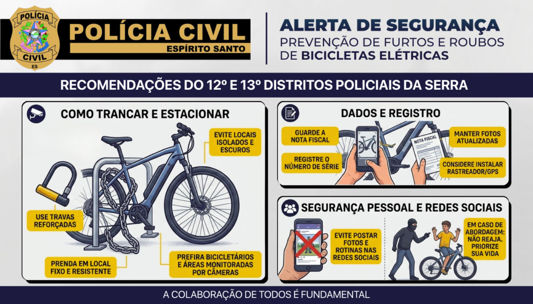 <p><strong>Polícia Civil do ES alerta sobre prevenção de furtos de bicicletas elétricas</strong></p> <p><strong>Polícia Civil do ES alerta sobre prevenção de furtos de bicicletas elétricas</strong></p>
