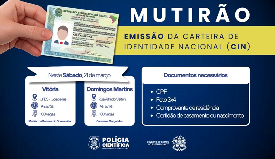 Governo do ES promove atendimento para Carteira de Identidade em Vitória e Domingos Martins neste sábado (21) Governo do ES promove atendimento para Carteira de Identidade em Vitória e Domingos Martins neste sábado (21)